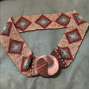 Beaded Stretch Belt with Wooden Buckle
